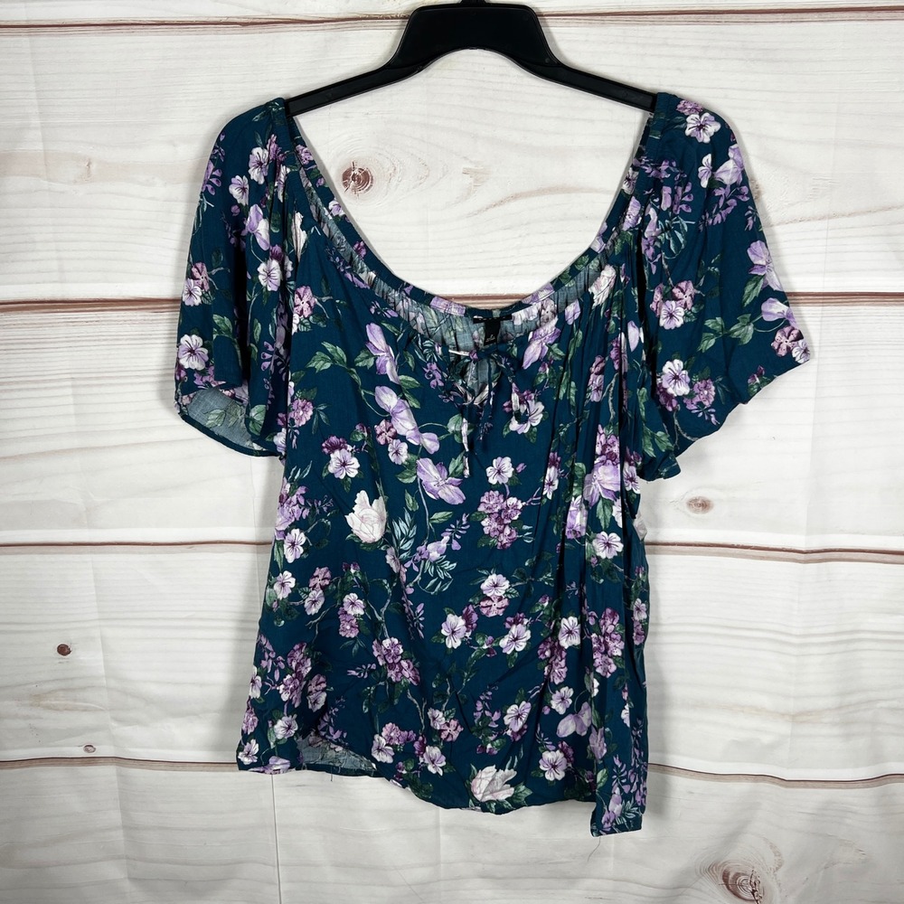 Torrid‎ Floral Print Blouse Womens 2 2X Blue Short Sleeve Tie Neck Peasant Boho